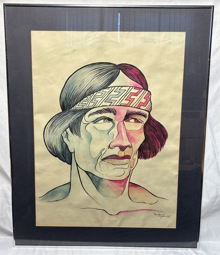 Vintage 1969 Original Watercolor Portrait Painting Signed A Godoy Muscle Man - Picture 1 of 6