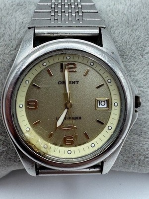 Vintage Men's ORIENT Light Power Silver Tone Date Watch WORKS
