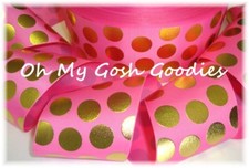 2 1/4 HOT PINK GOLD METALLIC JUMBO DOTS FOIL GROSGRAIN RIBBON CHEER TIC TOC BOW