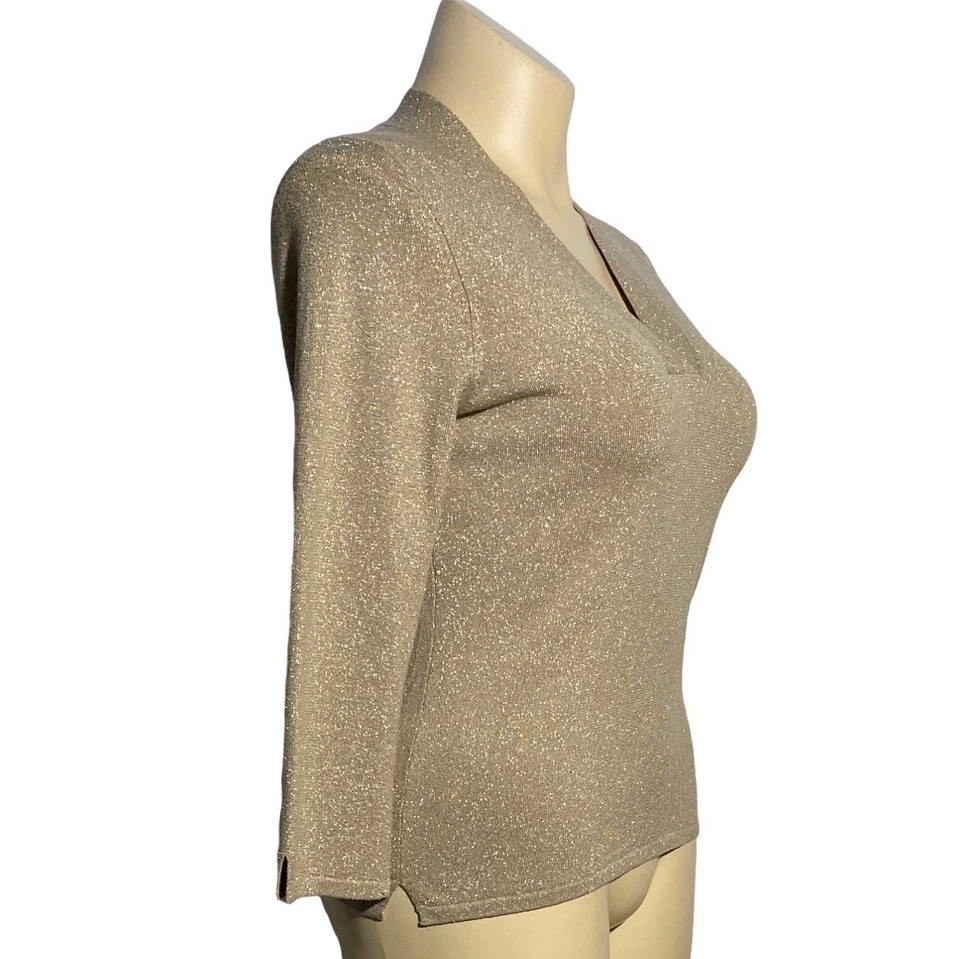 Suéter Cullen GRANDE Dorado Metálico Beige Tejido 3/4 Sl Cuello en V Top Informal Trabajo Foto 3 de 4