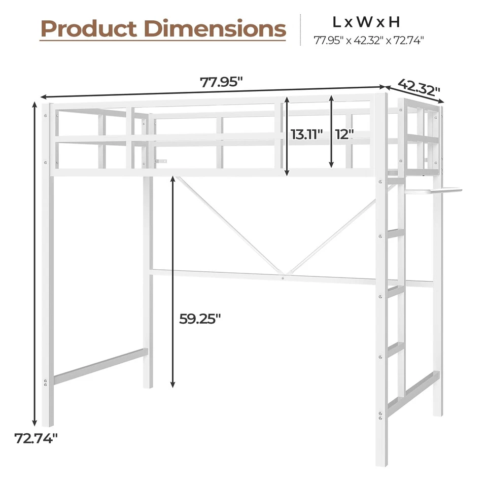 White Metal Loft Bed Twin Size with LED Lights Clothes Rack Stairs for Kids - Image 2 of 4