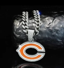 CHICAGO BEARS GEM NECKLACE SILVER BLING NFL Football Pendant & 24" Chain