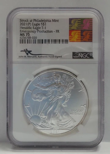 2021-P $1 Silver Eagle NGC MS70 Heraldic T-1 Emergency Production John Mercanti