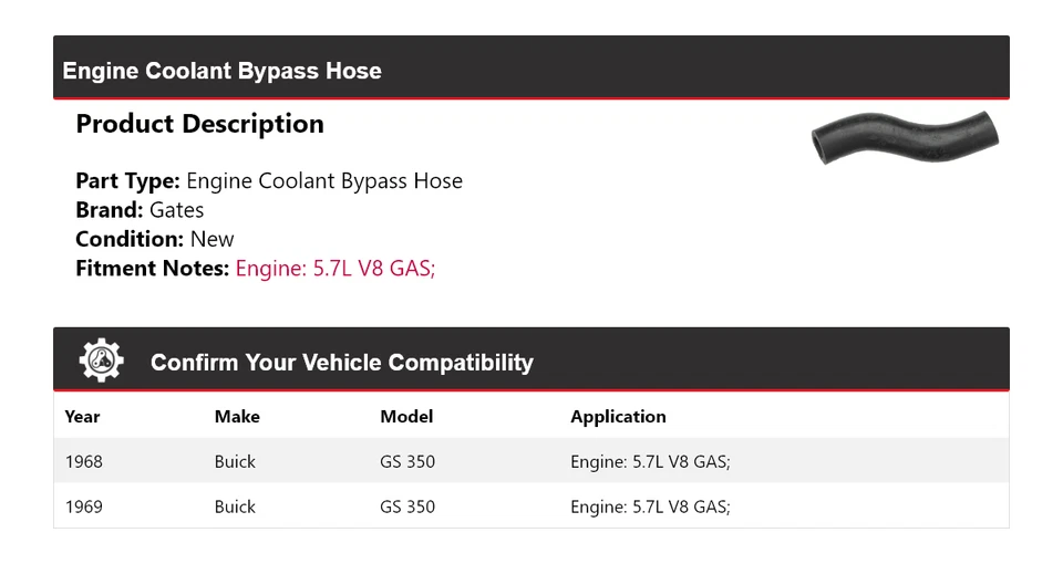 Para Buick GS 350 1968-1969 5,7 L V8 Motor Gas Refrigerante Bypass Manguera Puertas Foto 2 de 4