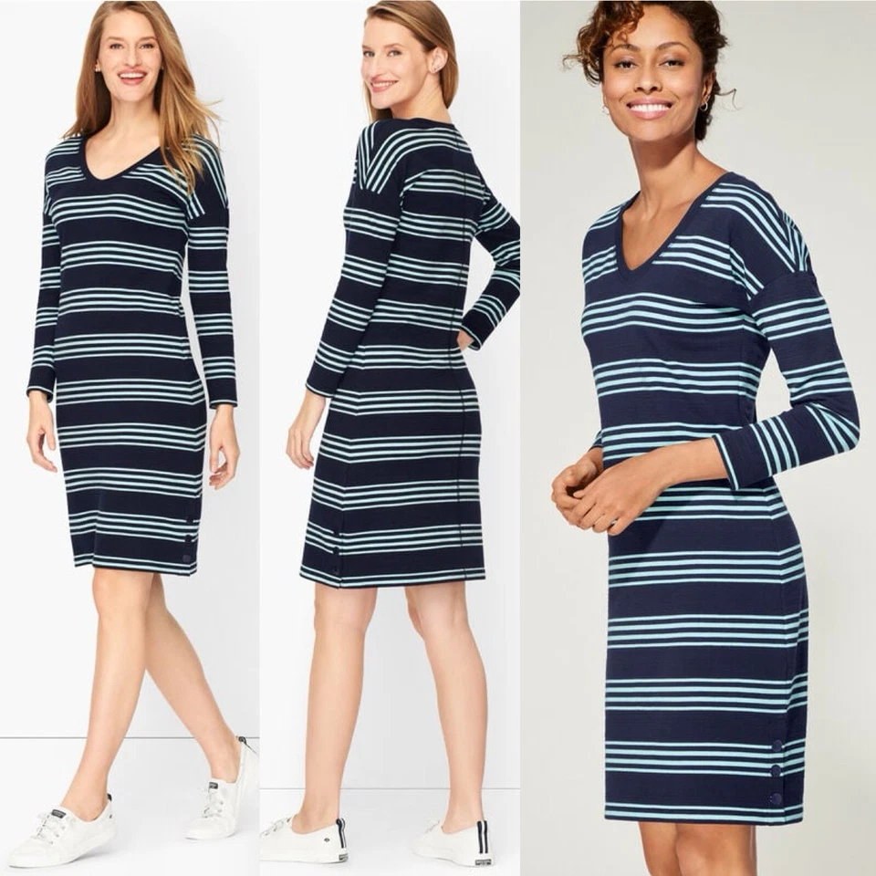 Vestido a Rayas T By Talbots Para Mujer M Azul Marino Aqua Cómodo Preppy Náutico Deportivo Elegante Foto 3 de 4