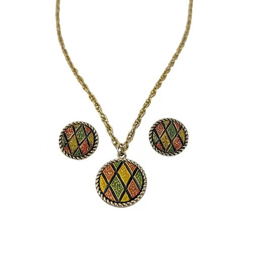 Sarah Coventry Mosaic Necklace Round Pendant and Clip Earrings Set Colorful Vtg