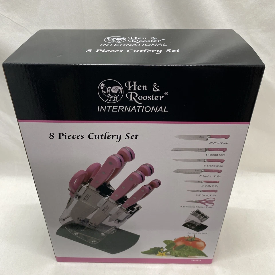 New-in-Box Hen & Rooster 8-Piece Kitchen Knife Set Pink HRI-036 Stainless — 第 2/4 张图片