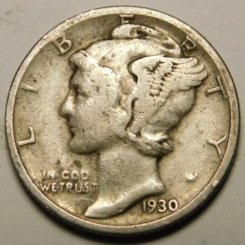 1930 S Mercury Dime 90% Silver F-VF  "Actual Coin Pictured - Not Cleaned"