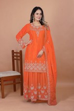 Blue Green Color Faux Georgette Palazzo Suit With Fancy Dupatta For Women Wear