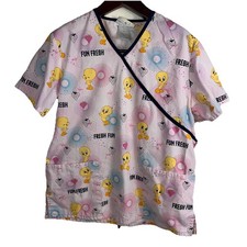 Looney Tunes Tweety Bird Scrub Top Medium Lightweight Cotton Pockets Pink