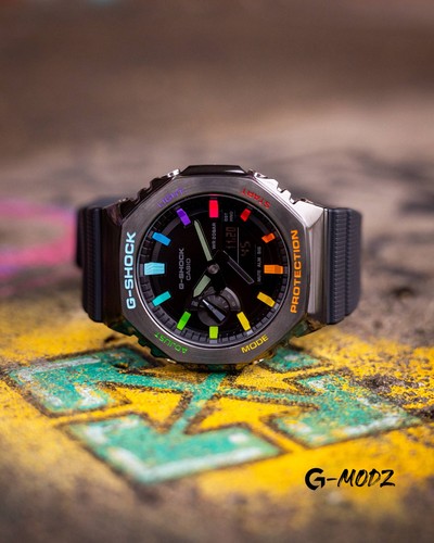 Hand-Painted G-Shock GM-2100 Rainbow Steel Black CasiOak Mod Custom Casio Watch - Bild 4 von 6