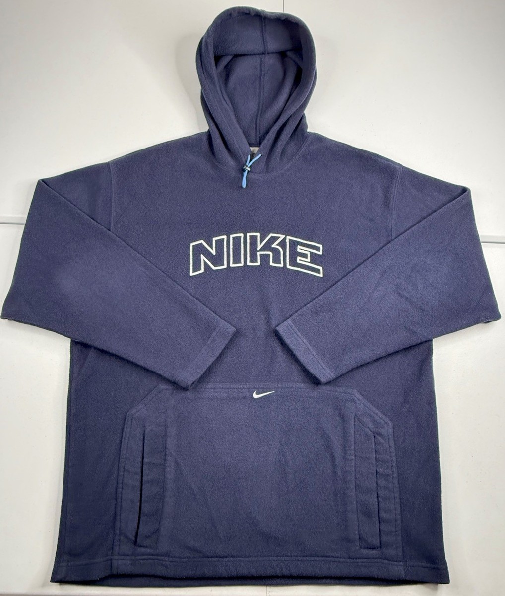 Vtg Nike Hoodie Teddy Fleece Shaggy Spell Out Blue Center Swoosh