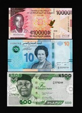 Africa 3 Banknotes Guinea 10000 Fr., Tunisia 10 Din. , Nigeria 500 Naira UNC