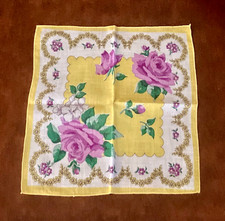 Vintage Purple Rose Flower Floral Yellow Handkerchief Hankie