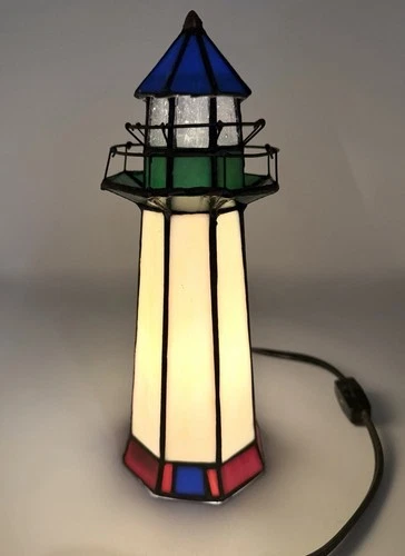 VINTAGE STAINED GLASS Light House Tiffany Style Nautical  Beach Night Light Lamp