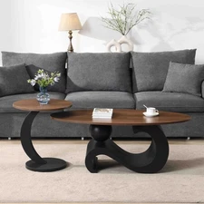 Black Nesting Coffee Table Set of 2, Oral and Round Coffee Table Set, Industrial