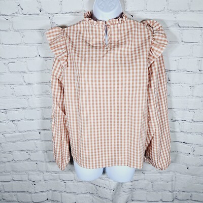 NWT Shein Frenchy Women's Blouse Size L 8/10 Rust Orange Checker Bohemian Ruffle