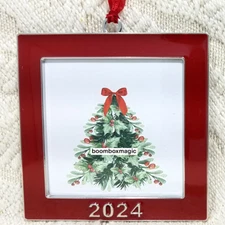 2024 CHRISTMAS TREE ORNAMENT PHOTO PICTURE FRAME ENAMEL RED & SILVER SQUARE 2.5"