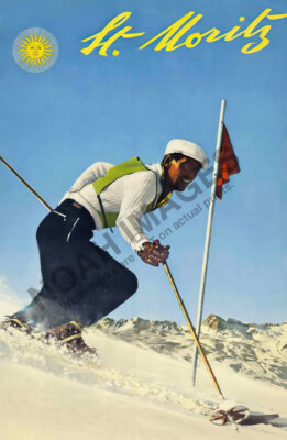 St Moritz vintage swiss ski winter sports travel promotion poster 16x24