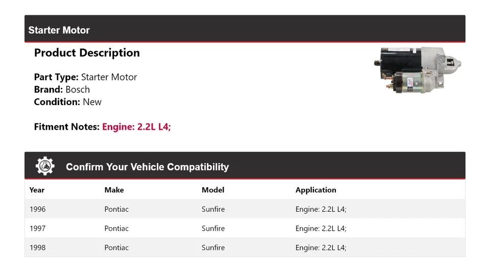 For 1996-1998 Pontiac Sunfire 2.2L L4 Bosch Starter (New) 1997 - Image 2 of 4