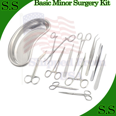 Set of 13 Pieces Basic Minor Surgery Kit Steel Kidney Tray Surgical Instruments