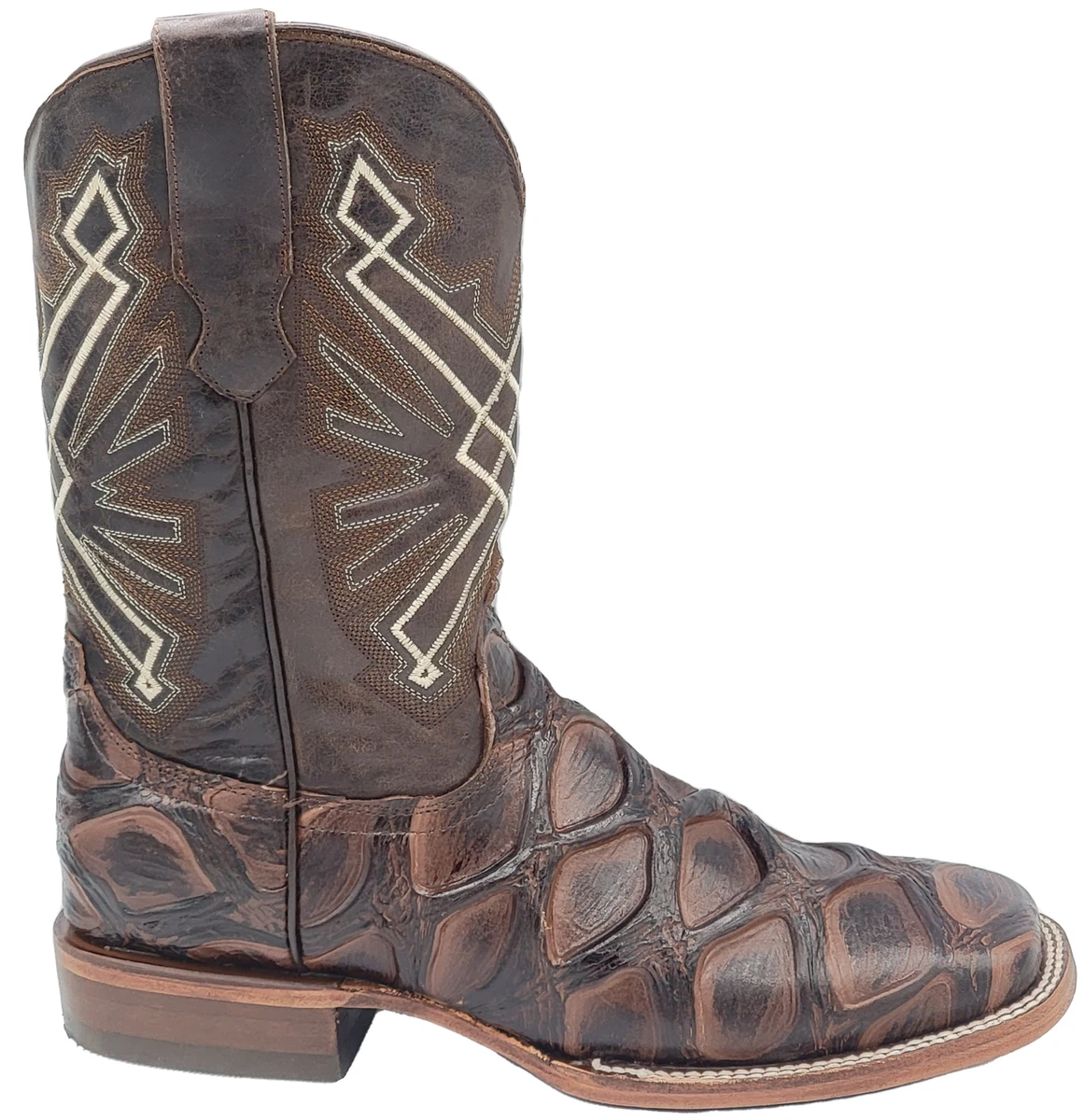 Men Pirarucu Fish Print Leather Western Wide Square Toe Brown