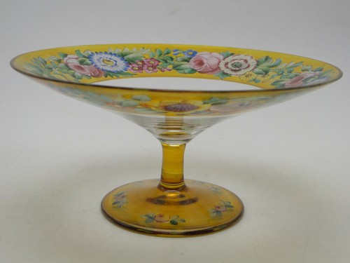 Old Hand Painted Floral and Amber Stained Clear Glass Compote 6¼in diameter - Imagen 2 de 7
