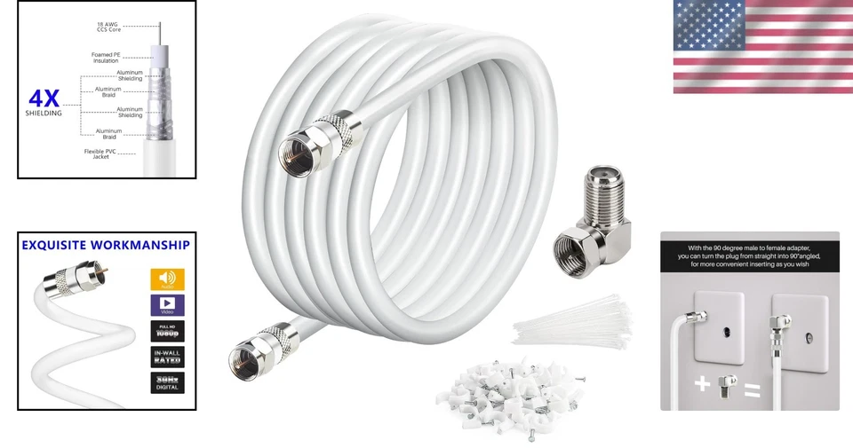 Flexible 15 Ft RG6 Coaxial Cable Set with Ties & Clips for  Streaming - Image 2 of 4