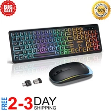 Wireless Keyboard and Mouse Combo Backlit - Compact Quiet Keyboard with RGB M...