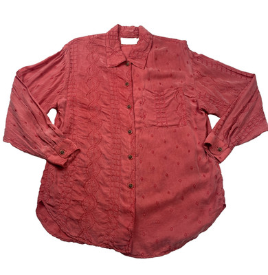 Cach'e Womens Blouse Size M Deep Coral Floral Embroidered Button-Up Long Sleeve