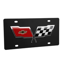 1968-1982 Corvette License Plate Carbon Stainless Late C3 Crosssed Flags Design