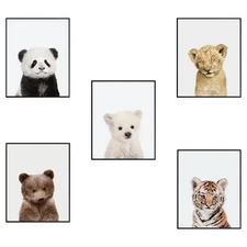 Girl's Room Decor - 5-Pack Cute Animal Wall Art, Polar Bear, Panda, Bear Cub,