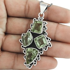 925 Silver Cushion Green Amethyst Gemstone Birthday Sister Bezel Pendant Jewelry