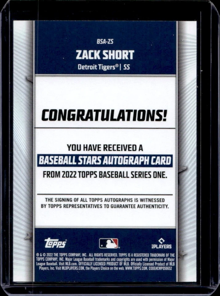 2022 Topps Zack Short Baseball Stars Auto RC Rookie #BSA-ZS Tigers - Image 2 of 2