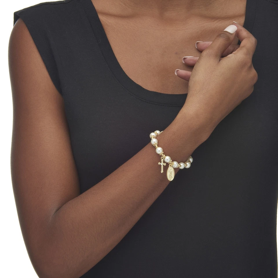 Round Simulated Pearl and Beaded Religious Stretch Bracelet in Goldtone 7" - Image 4 of 4