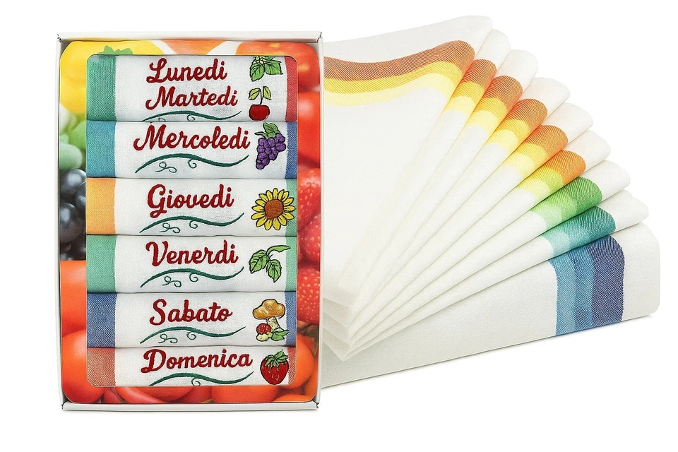 VITERBOSHOP Strofinacci Canovaccio Cucina Spigati Cotone 100% Giorni Settimana Ricamat 50x70