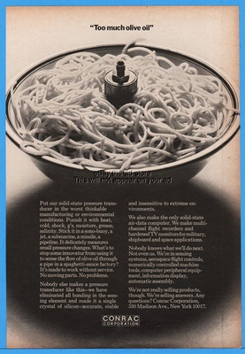 #ad #ad 1969 Conrac Corp New York Pressure Transducer TV Monitors Too Much Olive Oil Ad $9.89