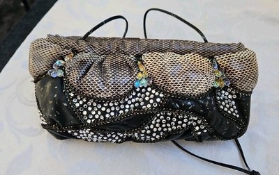 Rita Diana For Mylinka Leather Snakeskin Rhinestone Spring Frame Clutch VTG 80s