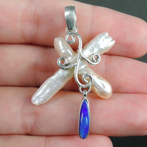 925 Sterling Silver Natural Doublet Opal & Biwa Pearl Pendant Jewellery, OP-05 - Picture 2 of 5