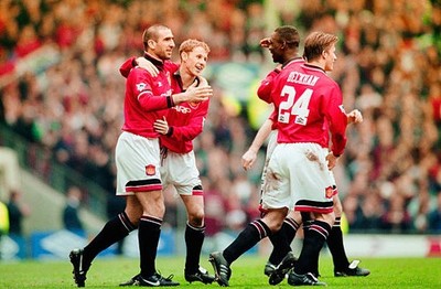Manchester United goalscorer Eric Cantona celebrates winning goal - Old Photo