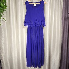 Magic Women's Blue Floral Eyelet Pleated Skirted Sleeveless Maxi Dress 1X New