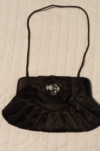 Style & Co Evening Bag Purse Black Satin Rhinestone Clasp - Picture 2 of 6