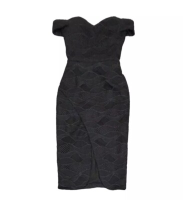 NICHOLAS Off Shoulder Dress Size 4 Black Wave Mesh Lace