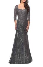 La Femme Ruched Sequin Trumpet Gown Sz 6 Gun Metal