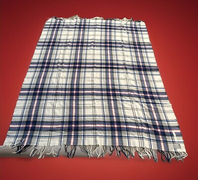 Vintage Lands End Plaid Red Blue Throw Blanket Long Fringe Acrylic