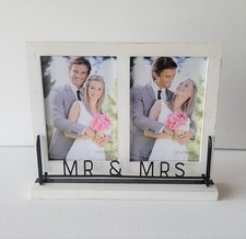 Mr  Mrs dual 5x7 picture frame  Rustic white wood  metal - Wedding Gift