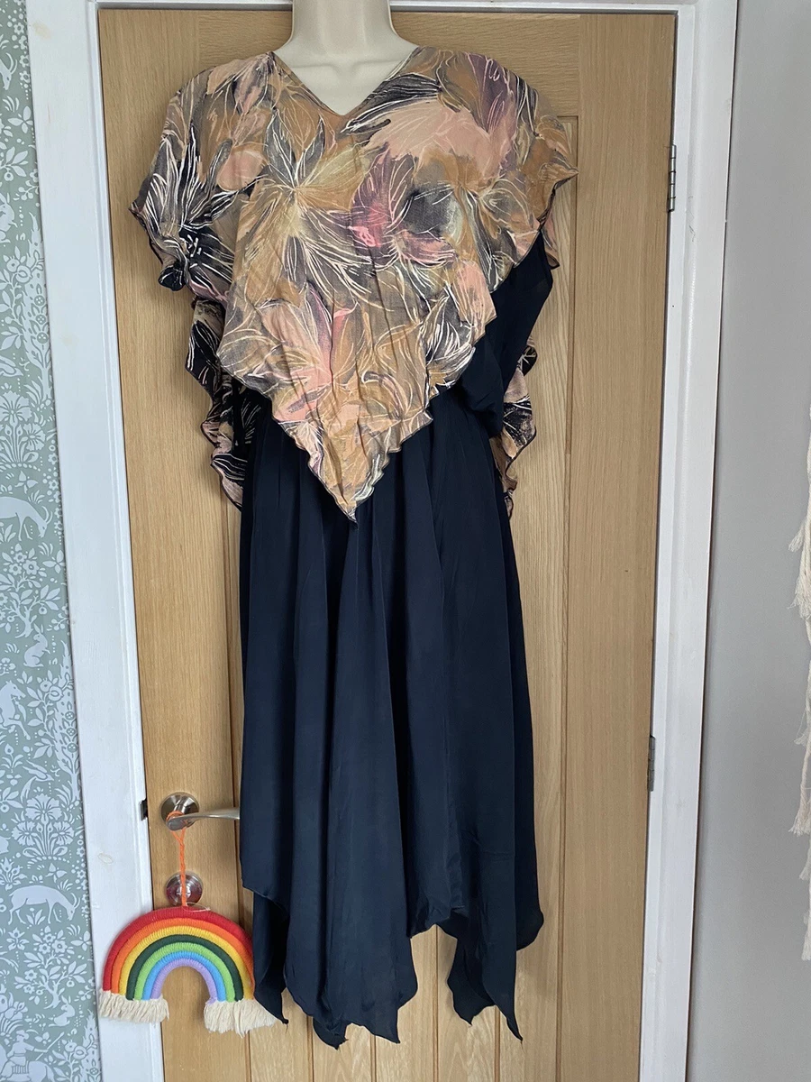 80s Vintage Standout Cape Style Midi Dress 14 16 Party Tropical