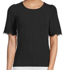 Lands' End Women's Black Pointelle Top with Lace Trimmed Sleeves Size 1X New