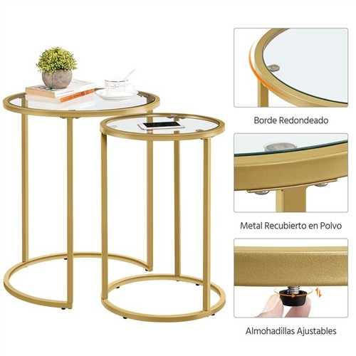 Juego de Mesita Auxiliar Apilables Mesa Nido de Metal y Cristal para Salón Oro - Imagen 4 de 10
