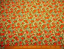 Quilt Fabric By Yard Orange Roses Blue Floral Green Leaves on Ivory Cotton C